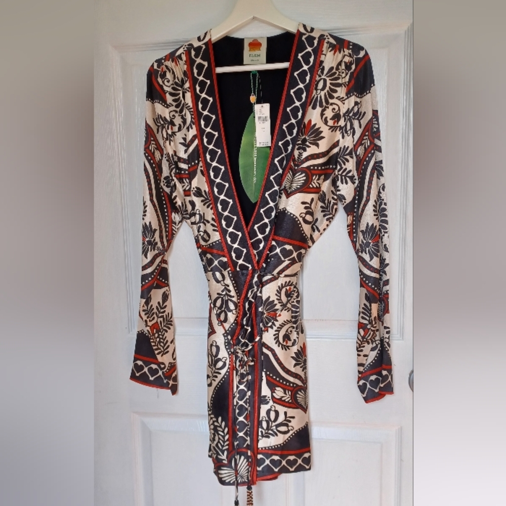 FARM Rio Cream, Black & Rust Printed Mini Wrap Dress NWT Re-posh